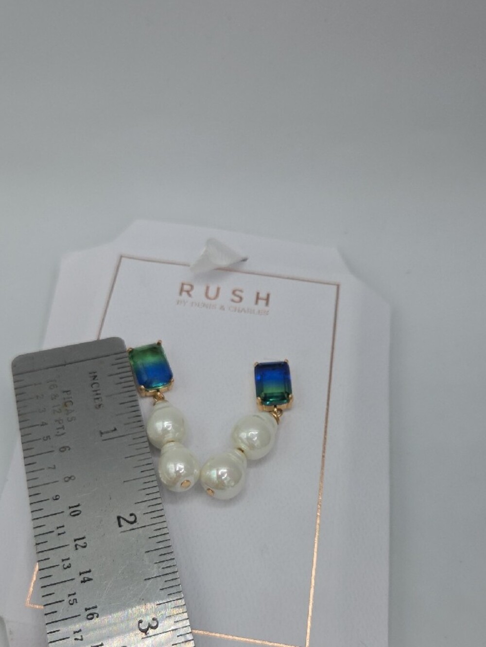5 for $25! RUSH by Denis & Charles Blue-Green Crystal Pearl Drop Earrings - Picture 5 of 5